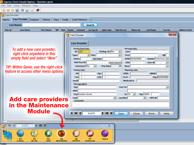 Care Provider tab in the Maintenance module